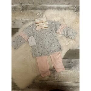 *NEW* Shabby Chic 3 pc Set Girl Outfit Bows Long Sleeve Grey Pink Floral Flowers
